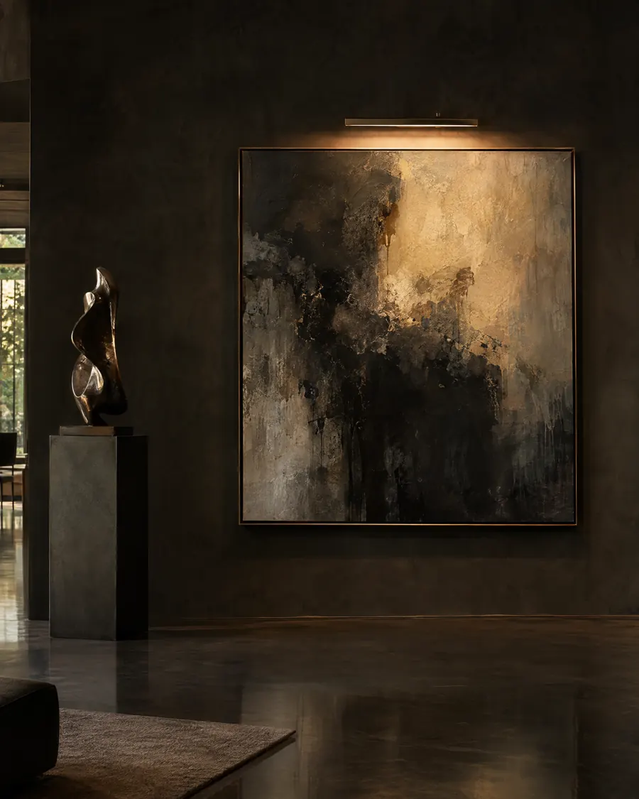 A painting and sculpture in a private home gallery