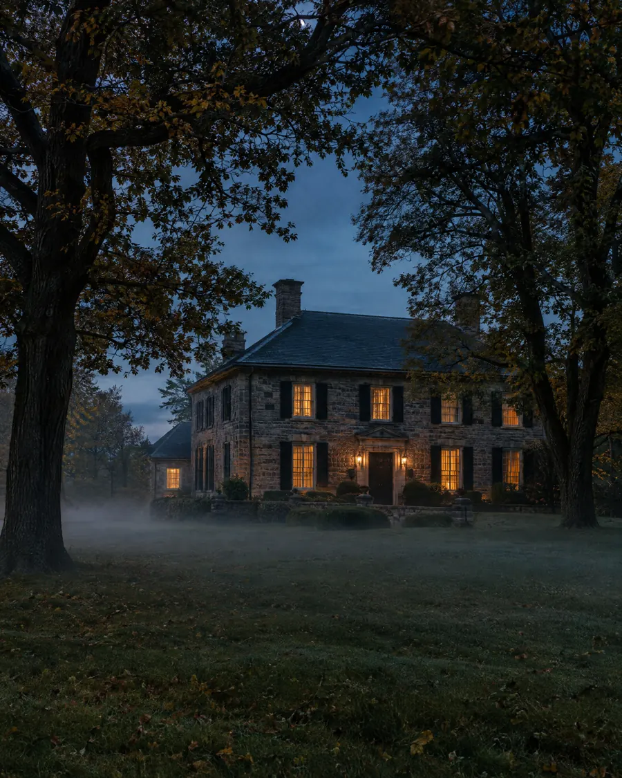 A stone country house at blue hour